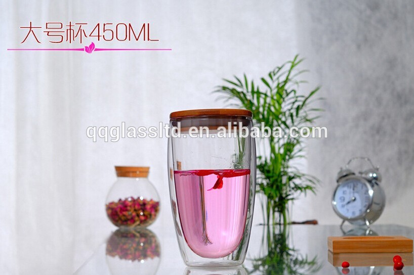 Double wall drinking glass cup with bamboo silicone cover