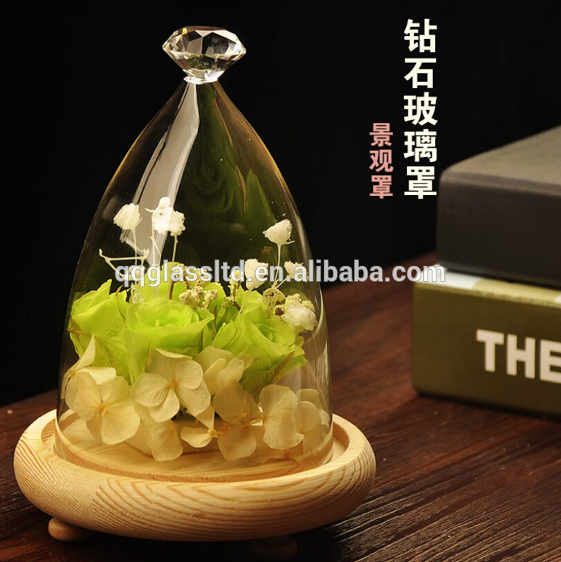 Glass decoration cover with wood seat antique bell jar with wooden base