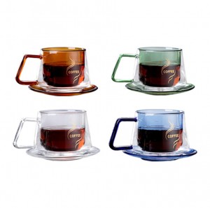 double wall amber colorful glass mug glass coffee cup with handle spoon